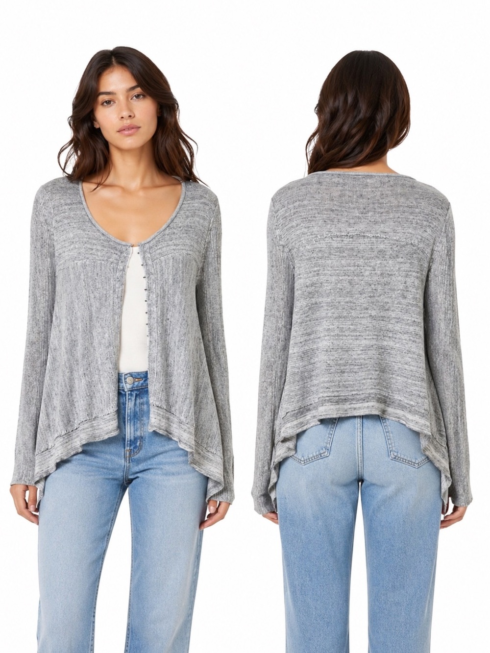 Free People‎ Grey Hook & Eye Cardigan Asymmetrical Hem Boho Lightweight M